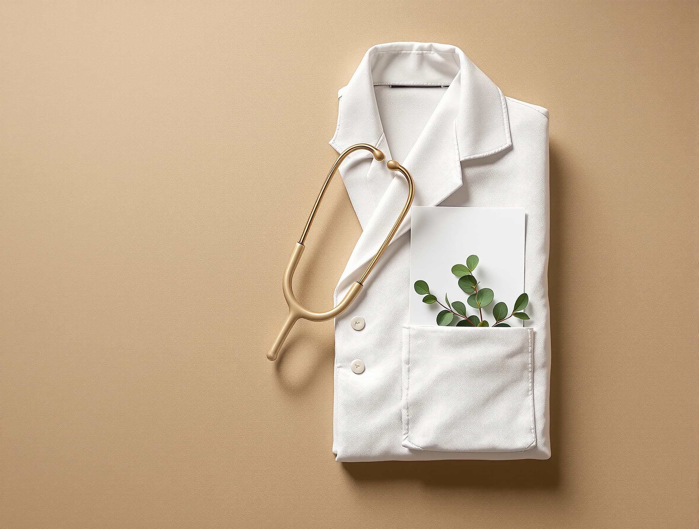 Editorial flat-lay of a doctor's coat lapel with a brass stethoscope — Tagada Rx clinician network