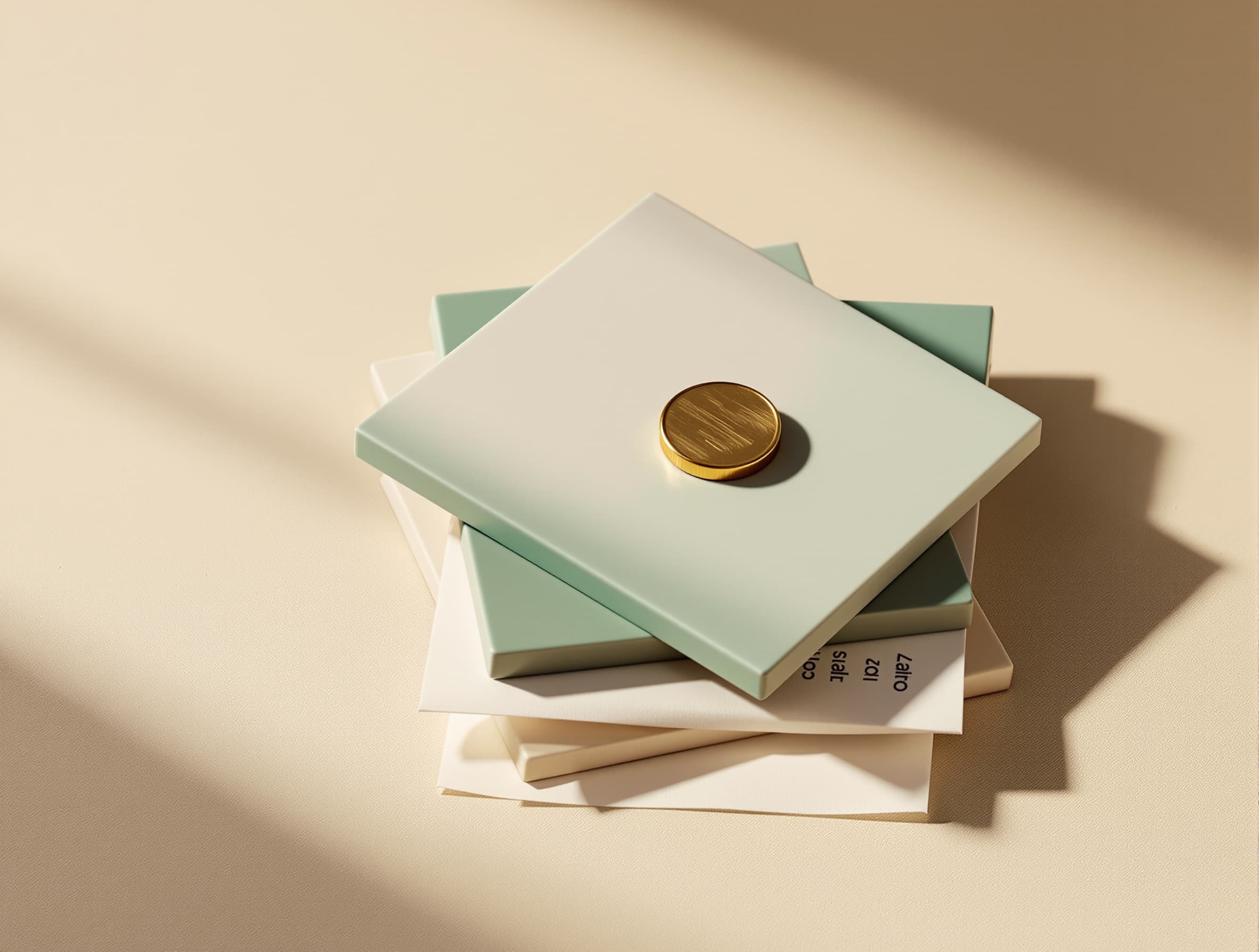 Editorial still life of staggered ceramic tiles with a brass coin — Tagada Rx payments module