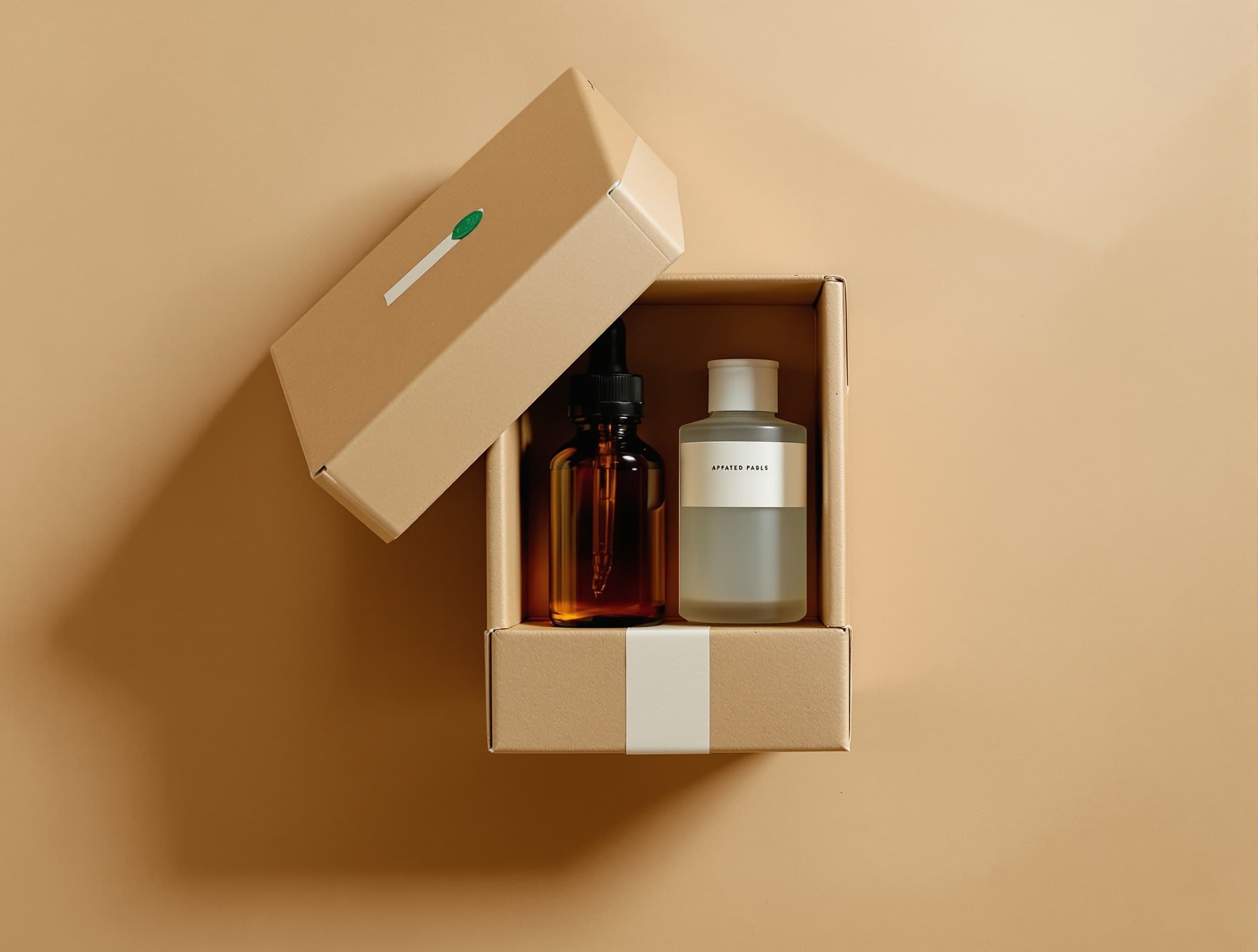 Editorial still life of a kraft shipping box with apothecary jars — Tagada Rx pharmacy fulfillment