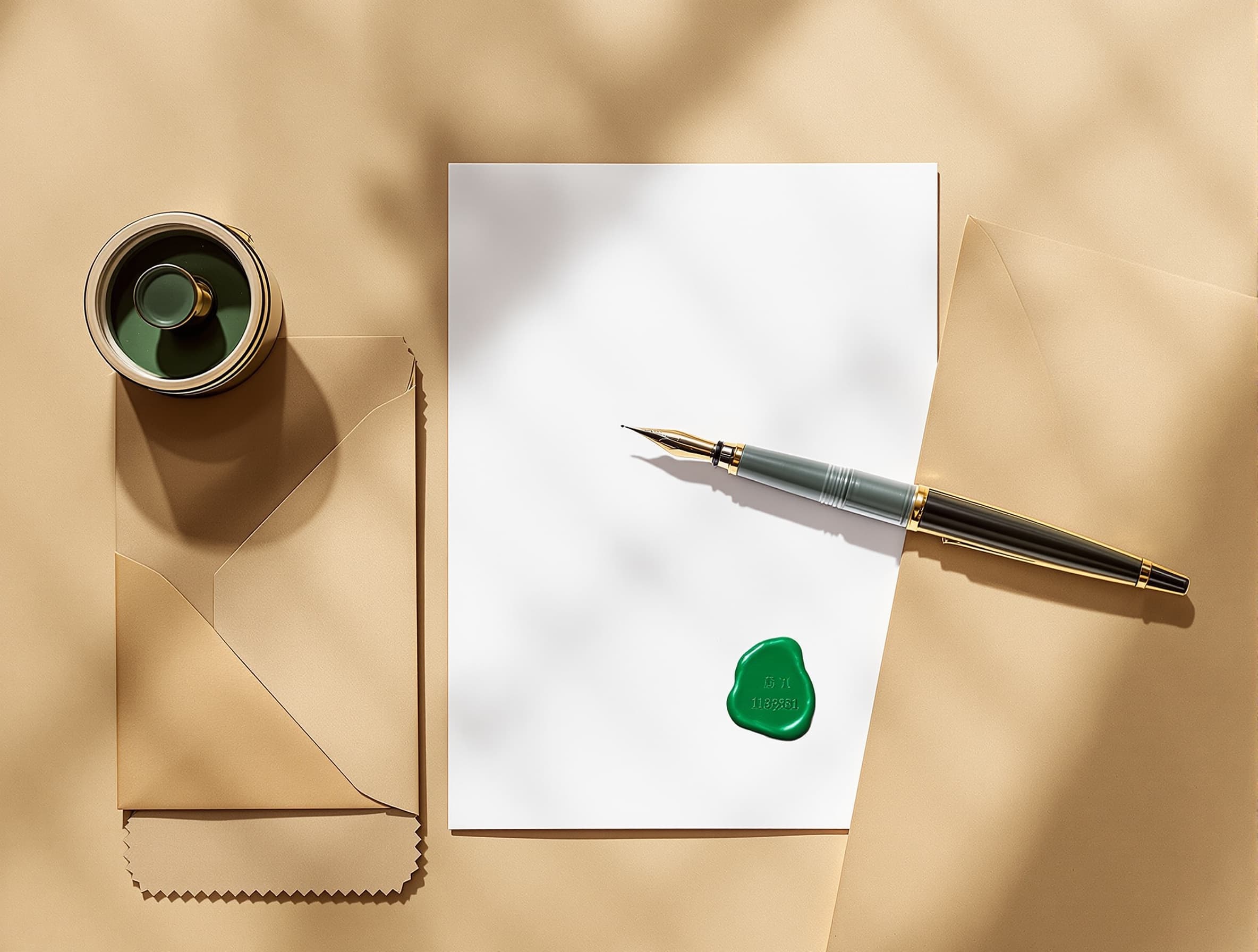 Editorial flat-lay of a blank prescription pad and a fountain pen — Tagada Rx e-prescribing module
