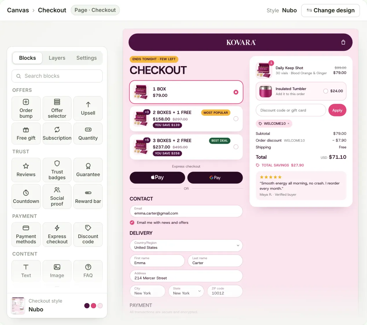 The Kovara checkout in the Nubo style, with three box offers, an order bump and the builder's blocks.
